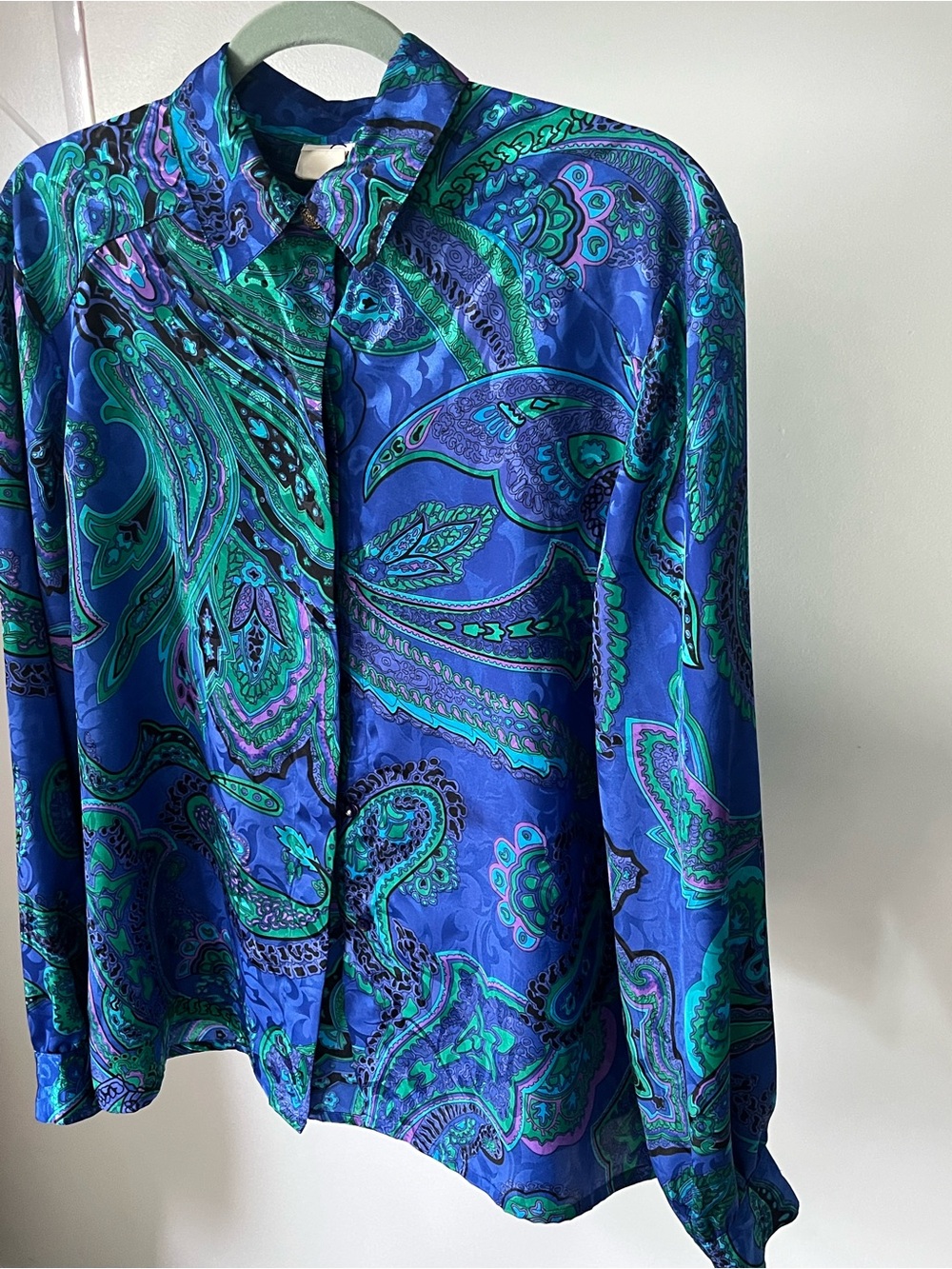 80s Vintage Blue and Teal Paisley Satin Flowy Blouse Size 12 Eclectic Bold Top - Picture 3 of 6